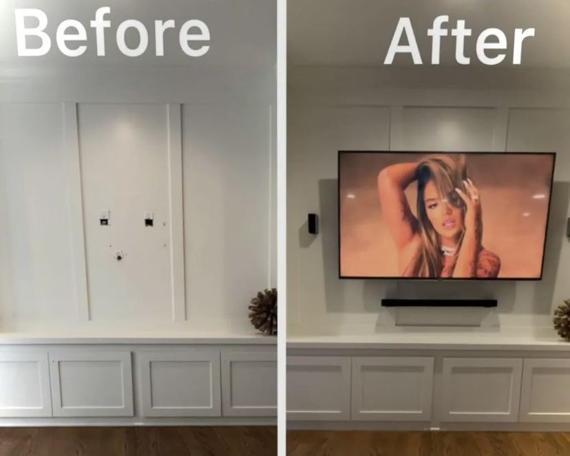 TV mounted flush in built-in wall, before and after